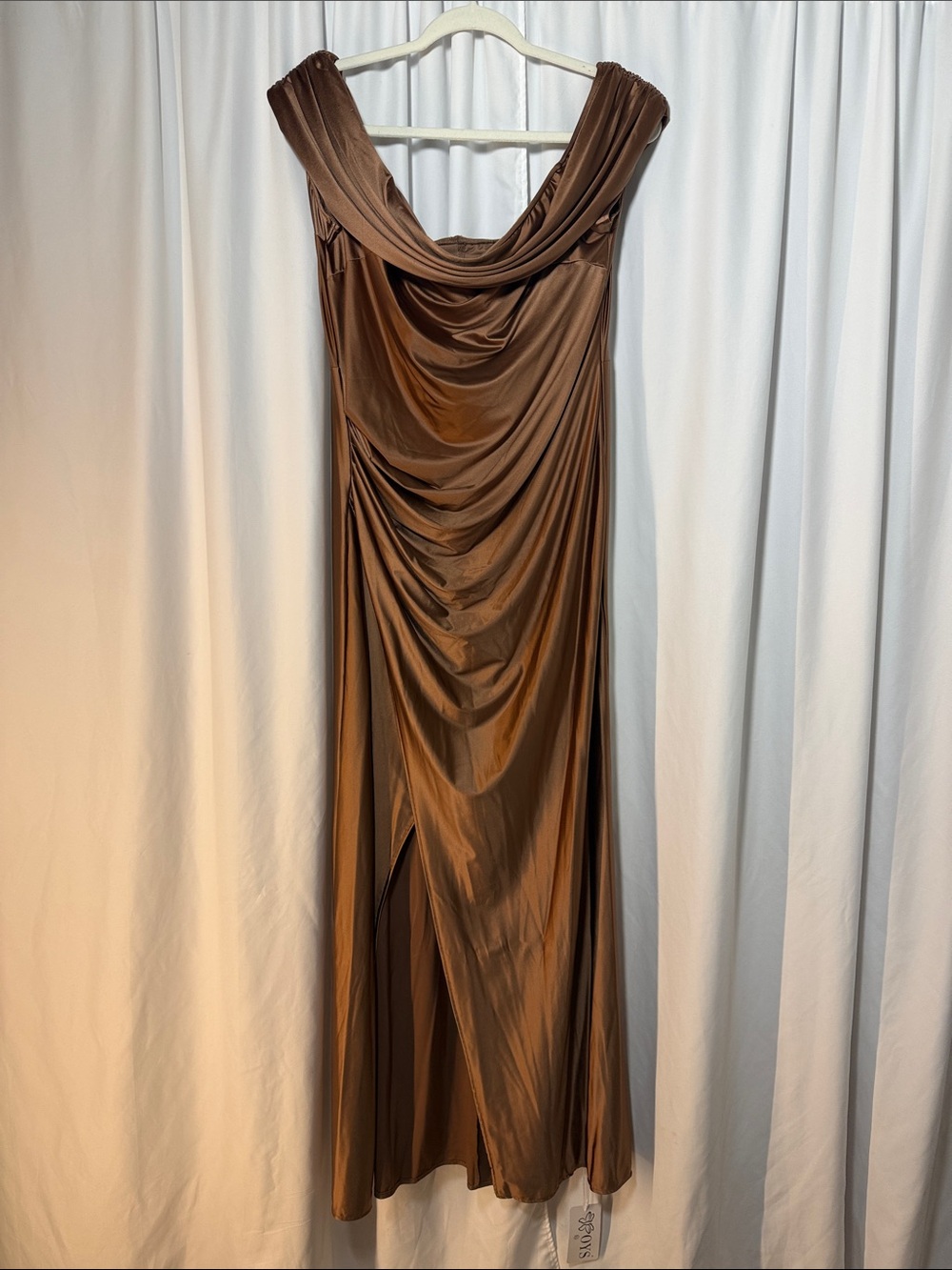 Strapless Ruched Column Maxi Dress in Satin Finish Brown